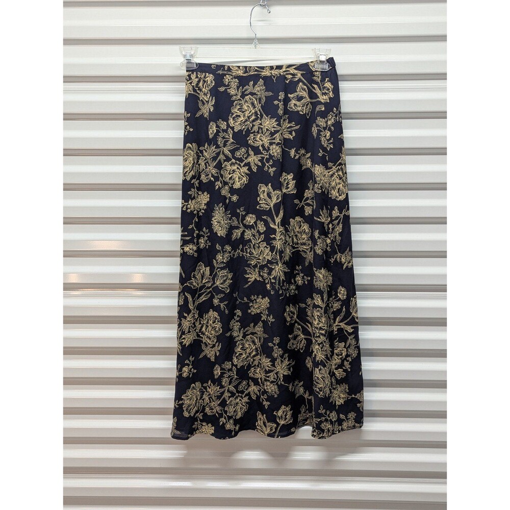 Vintage Quiet Luxury 100% SILK Navy Blue Pale Yellow Floral Maxi Skirt Talbots 4